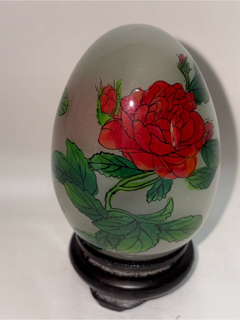 Vintage Reverse Painted Glass Egg Peony Design Red Wood Base Box 2.25”x3.75”